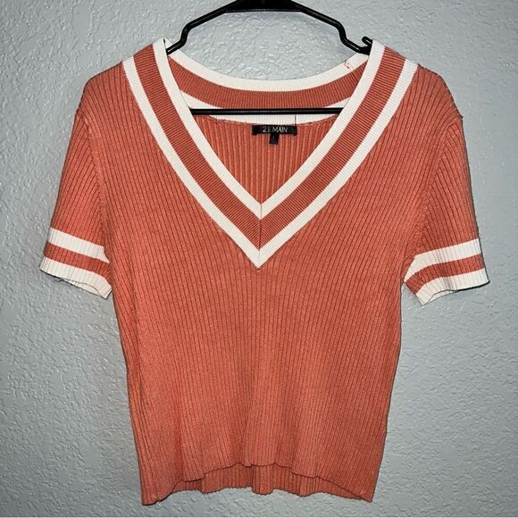 21 Main Womens V-Neck Short Sleeve Knitted Rib Pullover Cropped Top Orange Large - Picture 2 of 6